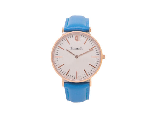 prempco damen designer uhr nobel uhr weiß blau mit lederarmband