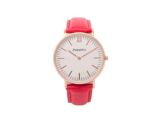 prempco damen designer uhr nobel uhr weiß rot mit lederarmband